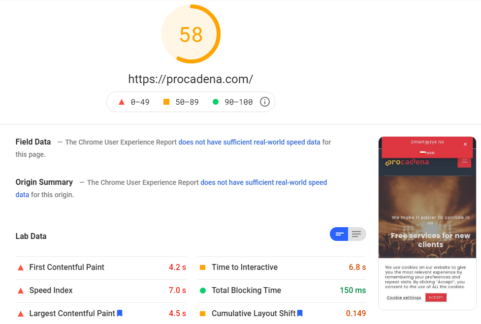 PageSpeed for WordPress website pre-optimization stage - mobile