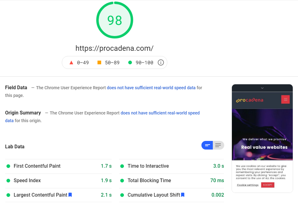 Core Web Vitals for WordPress website post-optimization stage - mobile